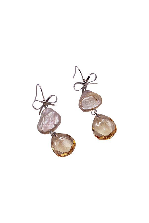 Flo II Earrings – silver bow pearl and crystal drop hoops