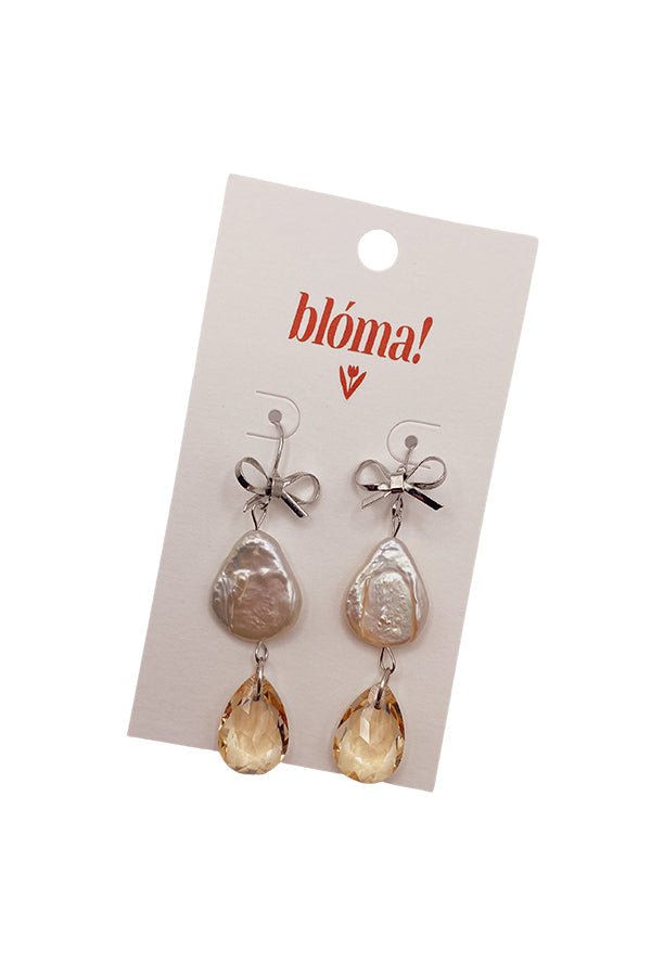 Flo II Earrings – silver bow pearl and crystal drop hoops