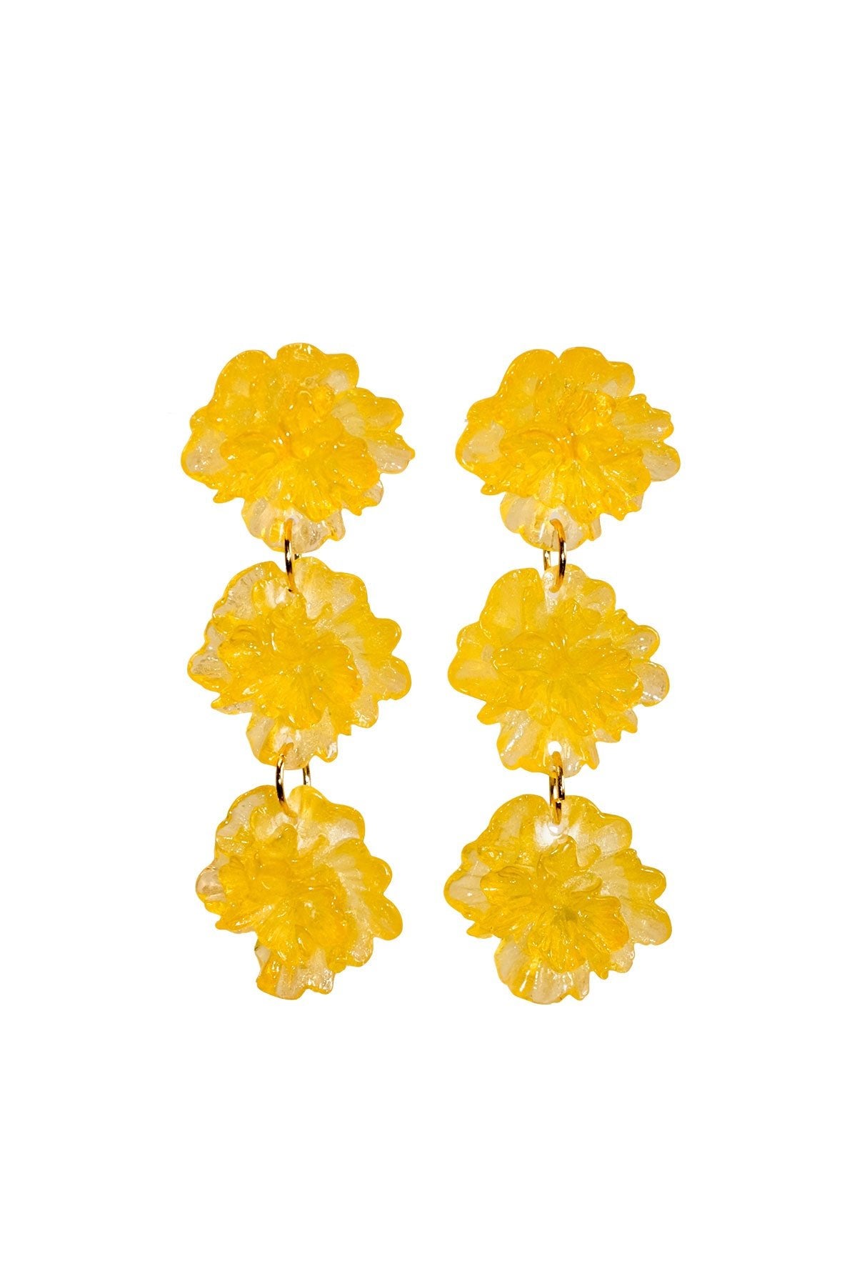 Yellow floral earrings on a white background