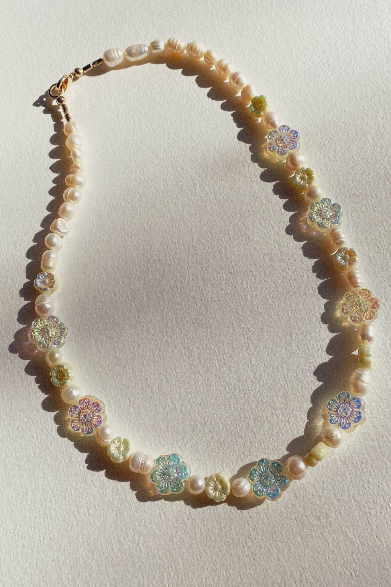 Sorbet Necklace with Czech glass flower beads and freshwater pearls – handmade by Blóma Jewellery