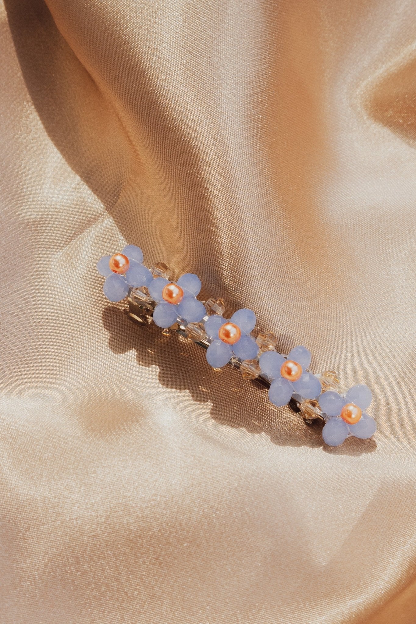 Handmade Clover Barrette with pale blue glass beads and pearls