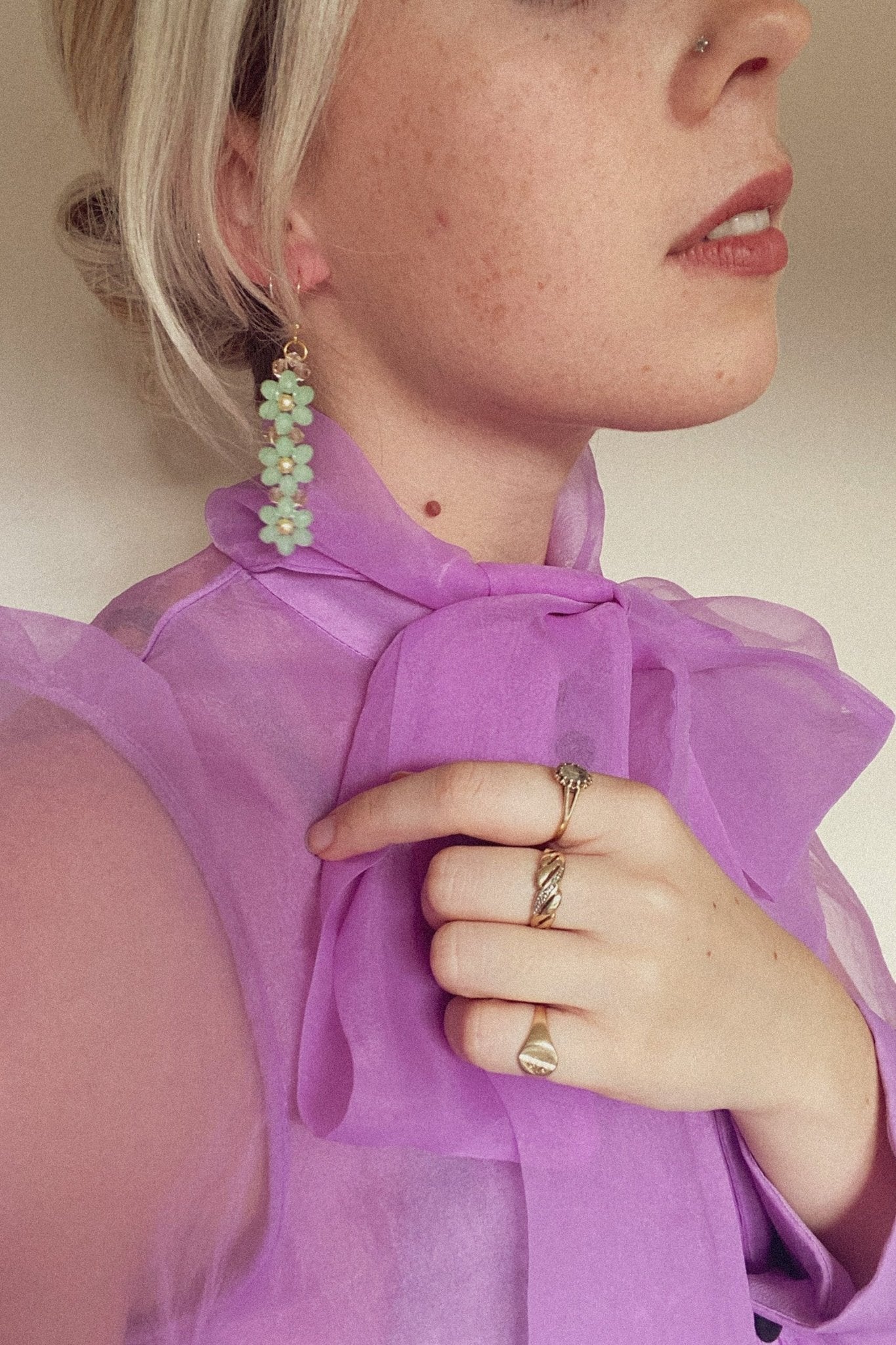 Jennifer pistachio green floral earrings – gold finish with pearl centre