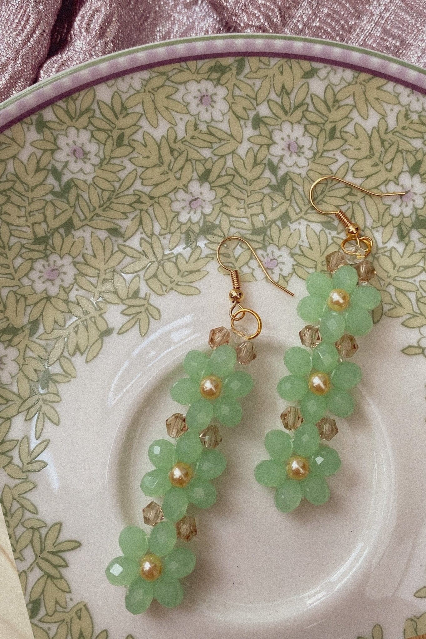 Jennifer pistachio green floral earrings – gold finish with pearl centre