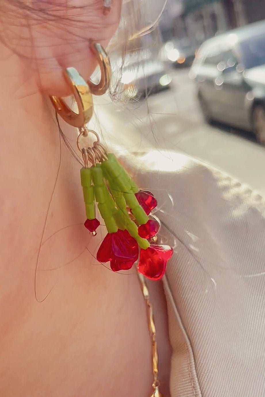 Gold hoop earrings with red flower glass beads, Blóma’s Rossa Bouquet design