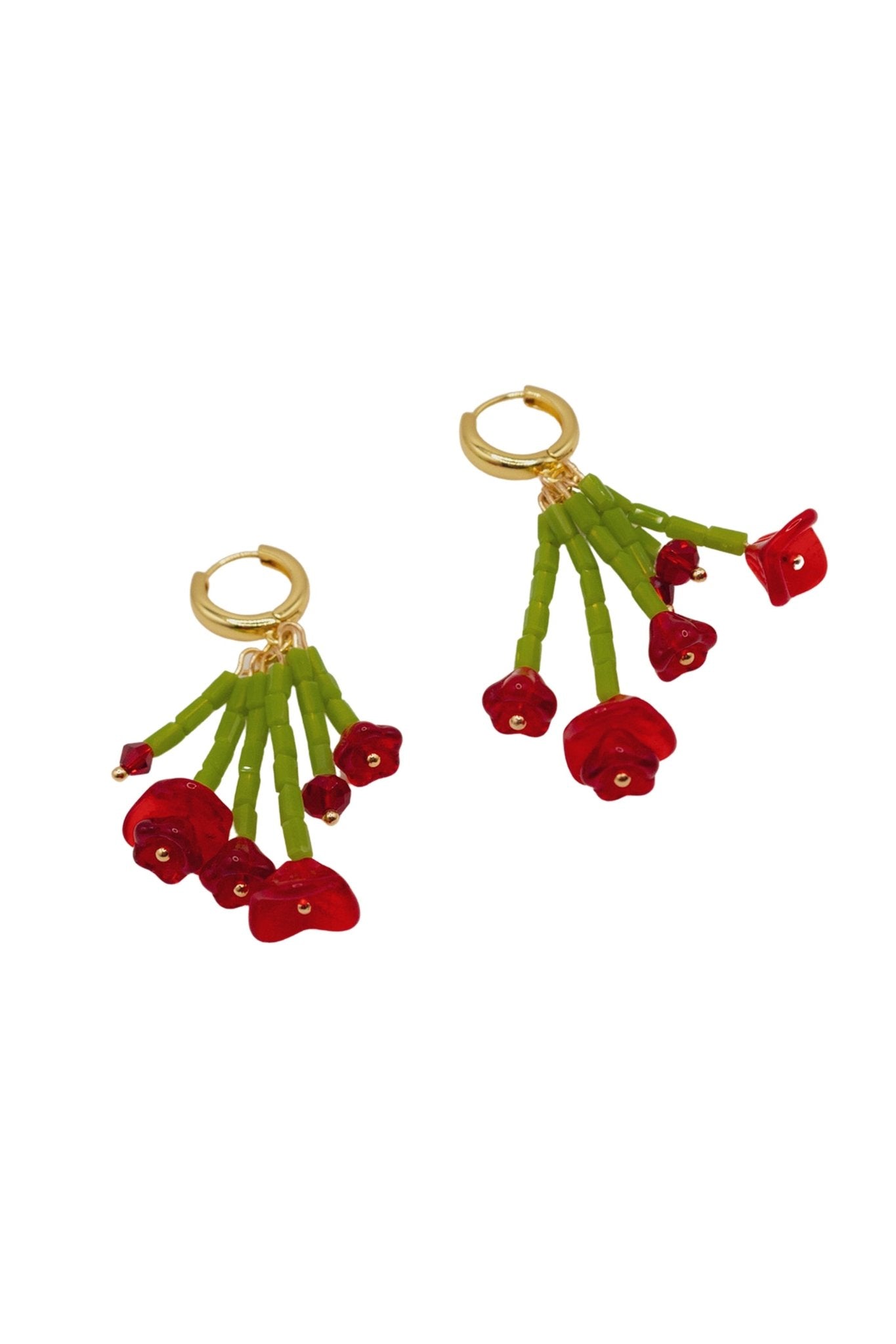 Close-up of handmade Rossa Bouquet Mini Hoop Earrings with red floral glass beads