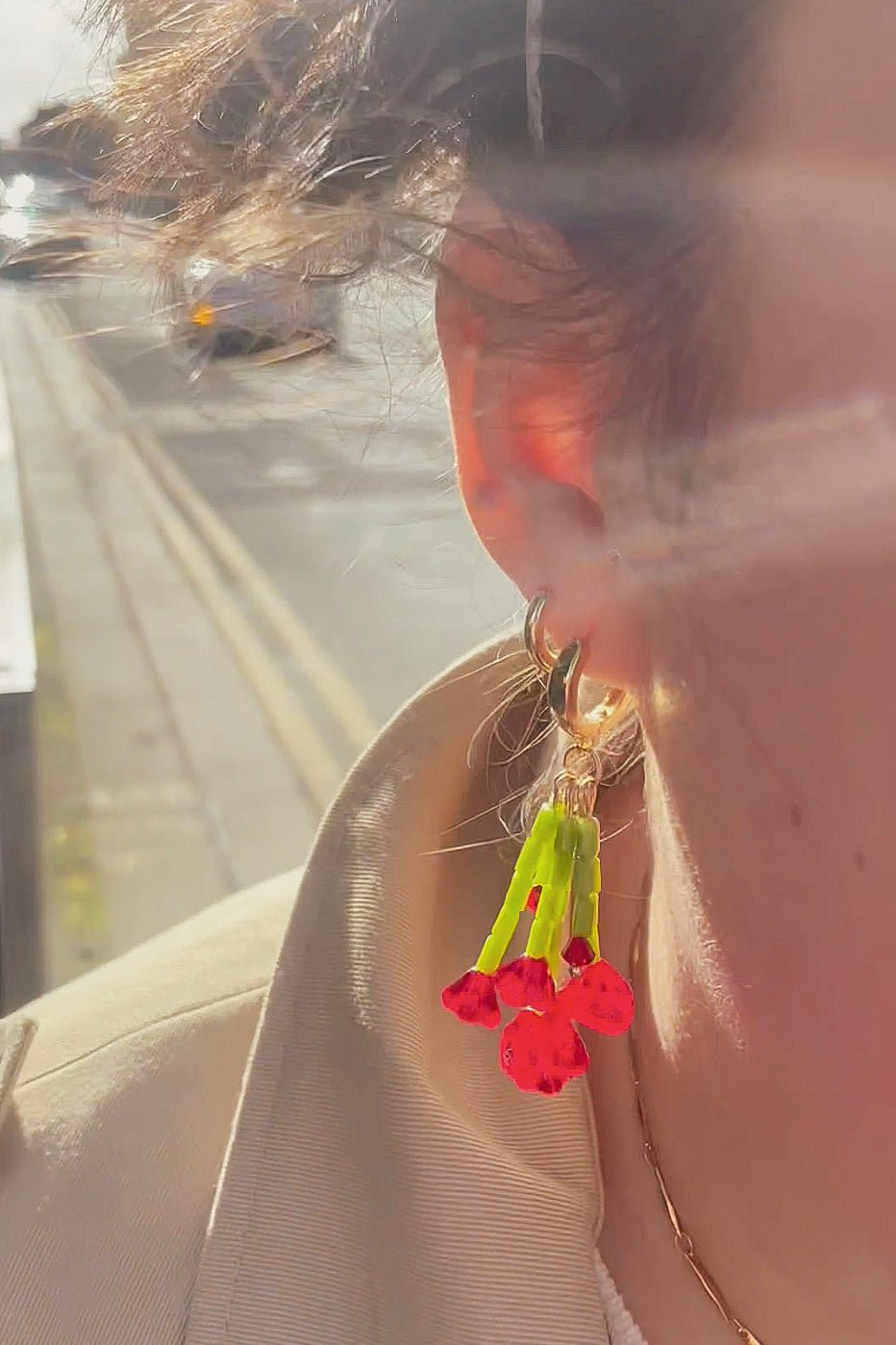 Pair of Rossa Bouquet Mini Hoop Earrings featuring asymmetric red flower beads