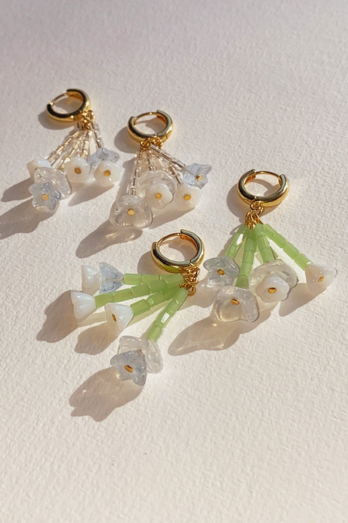 Snowdrop Bouquet Mini Hoop Earrings – Blóma handmade floral hoops with iridescent crystal beads