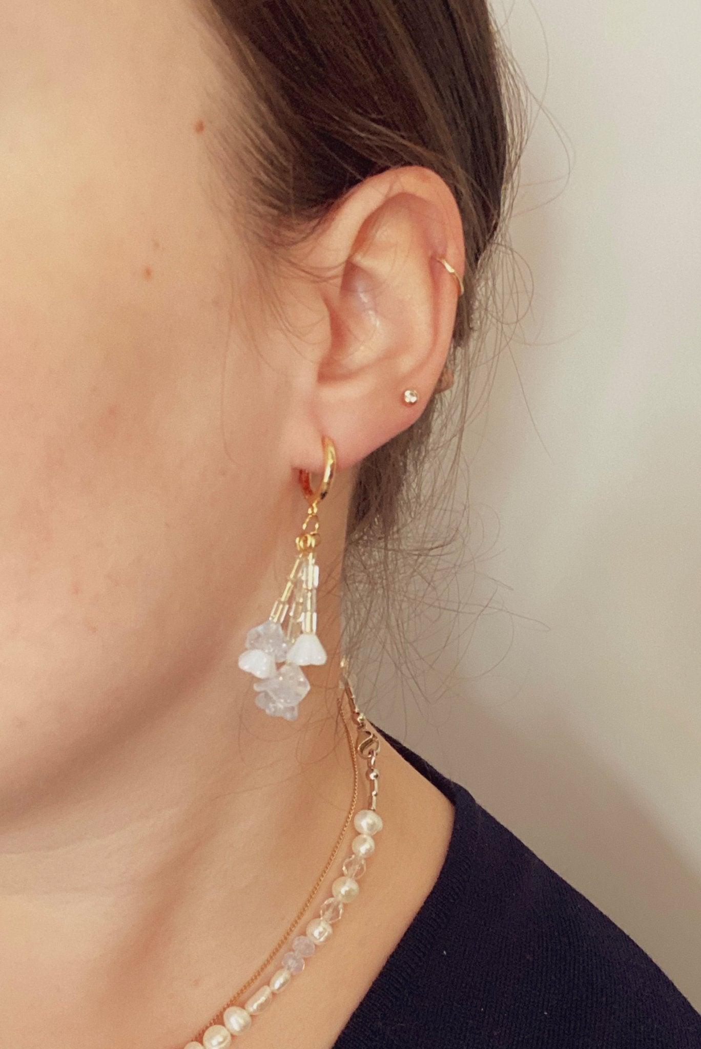 Snowdrop Earrings – gold mini hoop earrings with snowdrop inspired glass beads by Blóma