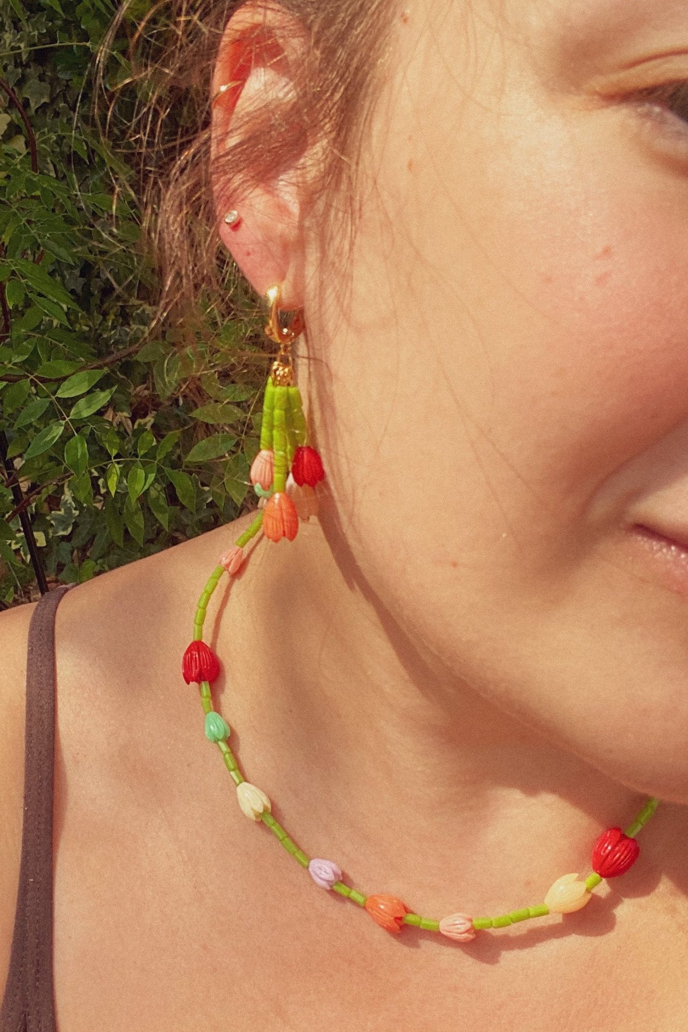 Tulip Garland Necklace – colourful glass and faux coral bead necklace by Blóma, handmade jewellery UK