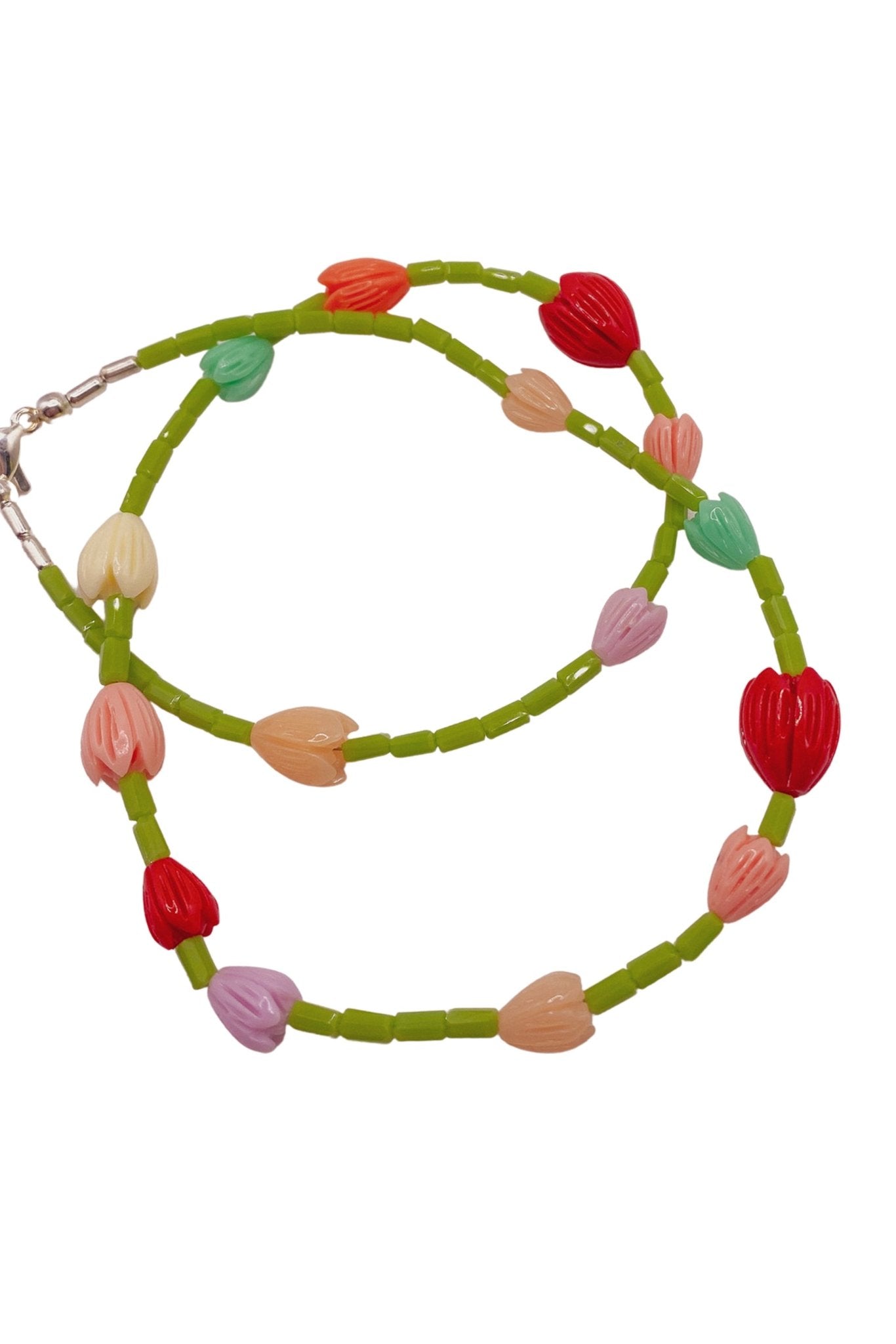 Tulip Garland Necklace – colourful glass and faux coral bead necklace by Blóma, handmade jewellery UK