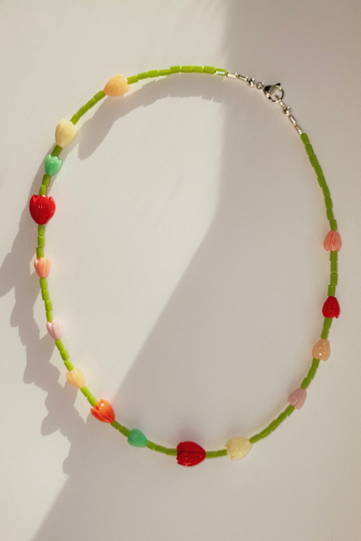 Tulip Garland Necklace – colourful glass and faux coral bead necklace by Blóma, handmade jewellery UK