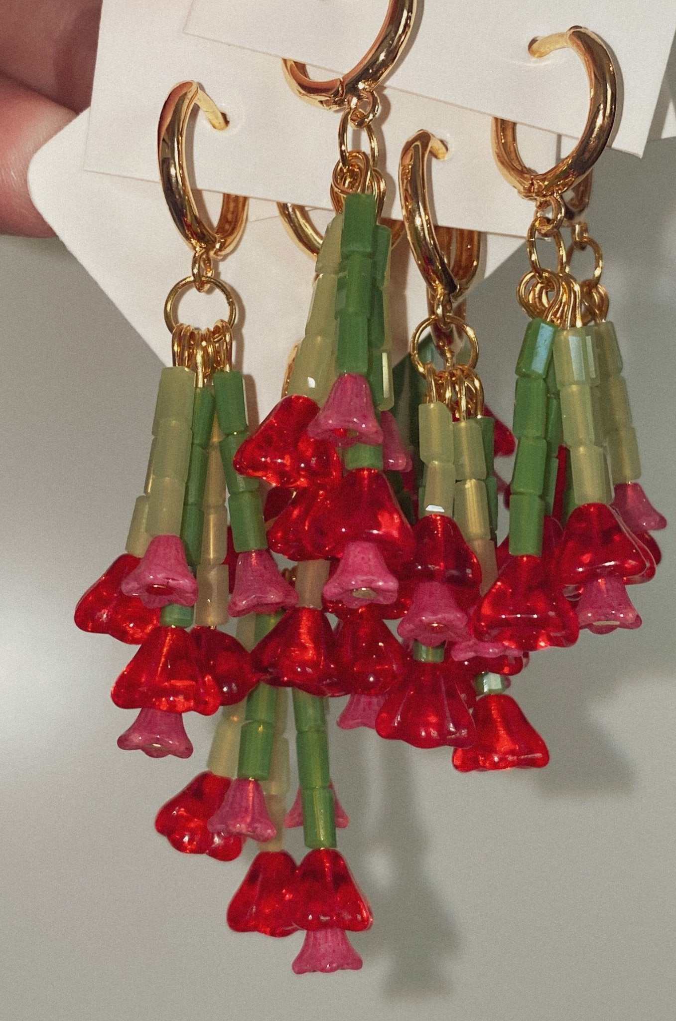 Romantic Valentine Bouquet Mini Hoop Earrings with handmade glass flower beads. Lightweight 18k gold plated hoops