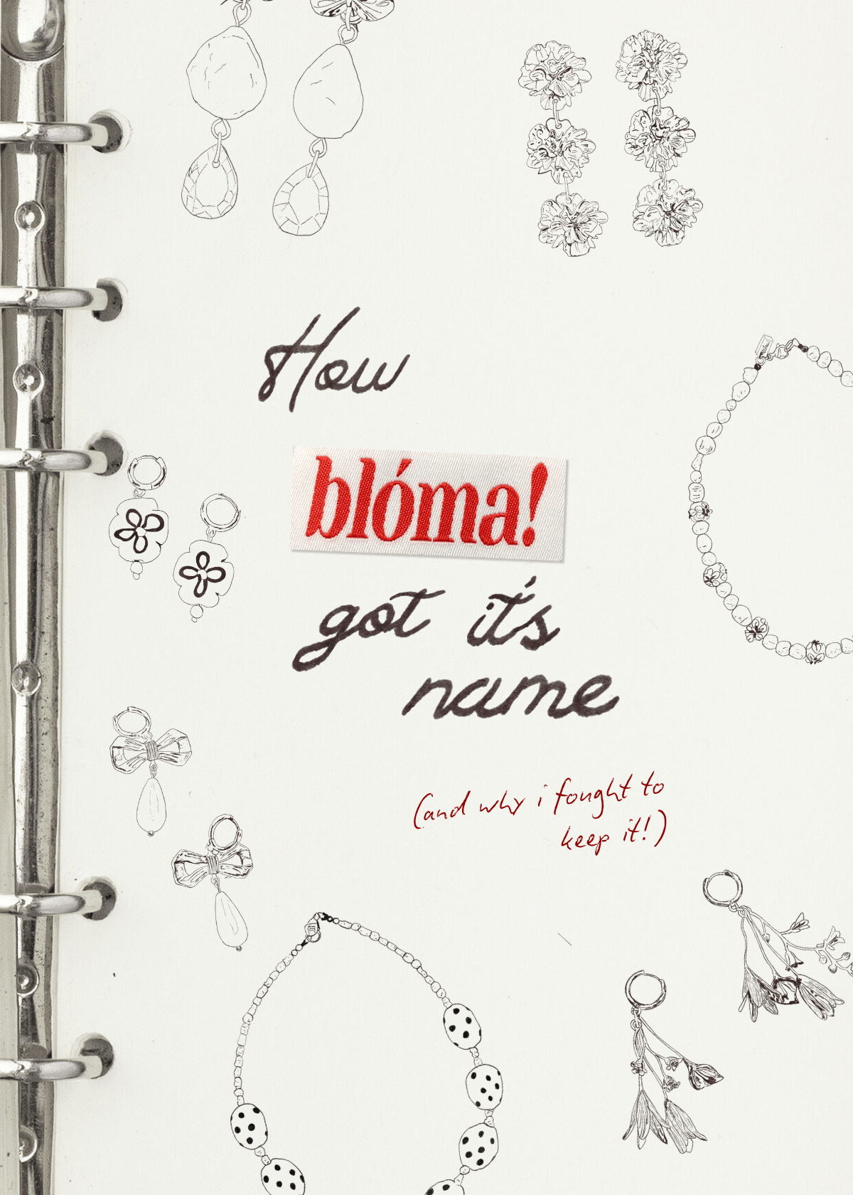 How blóma got it's name (& Why I Fought to Keep It!) with illustrations of jewellery on a diary page