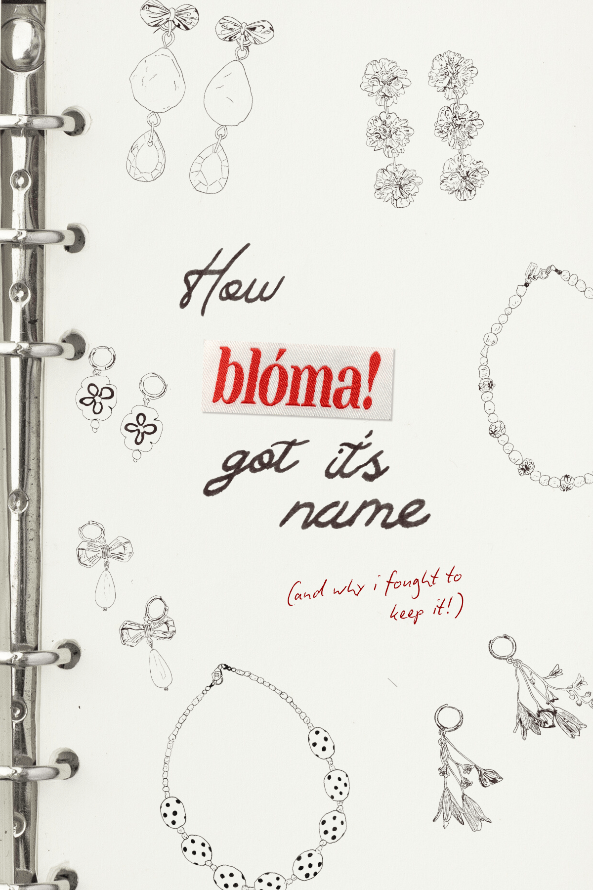 How blóma got it's name (& Why I Fought to Keep It!) with illustrations of jewellery on a diary page