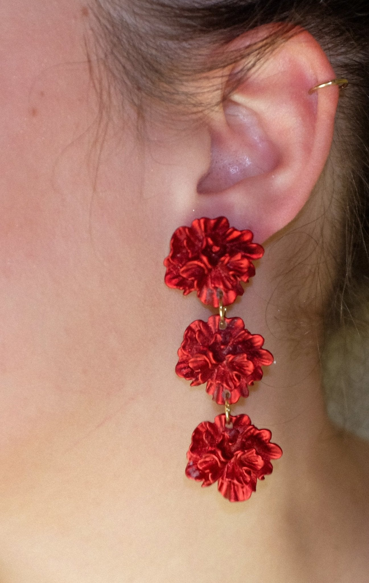 Deep Red Peony Trio Floral Statement Drop Earrings - blóma!blóma!Earrings