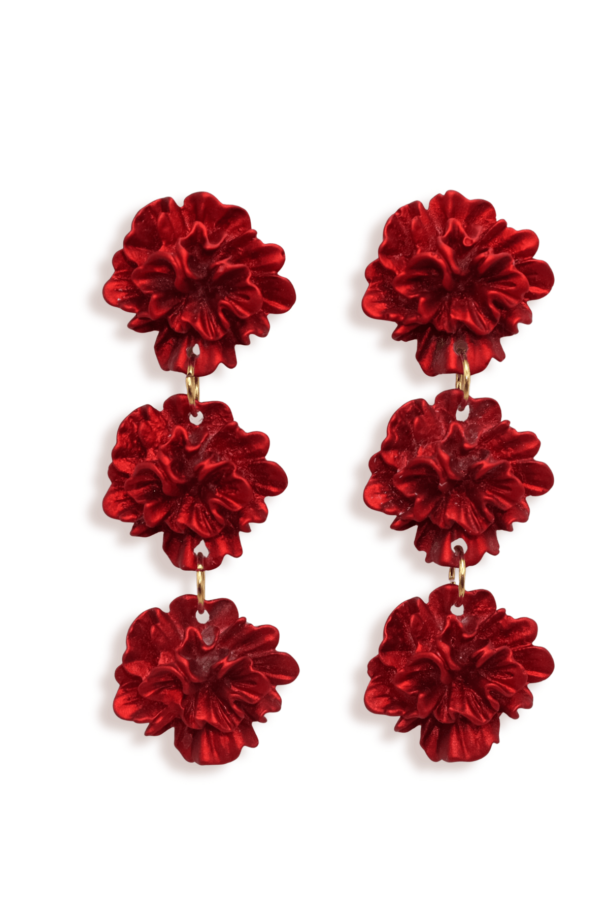 Deep Red Peony Trio Floral Statement Drop Earrings - blóma!blóma!Earrings