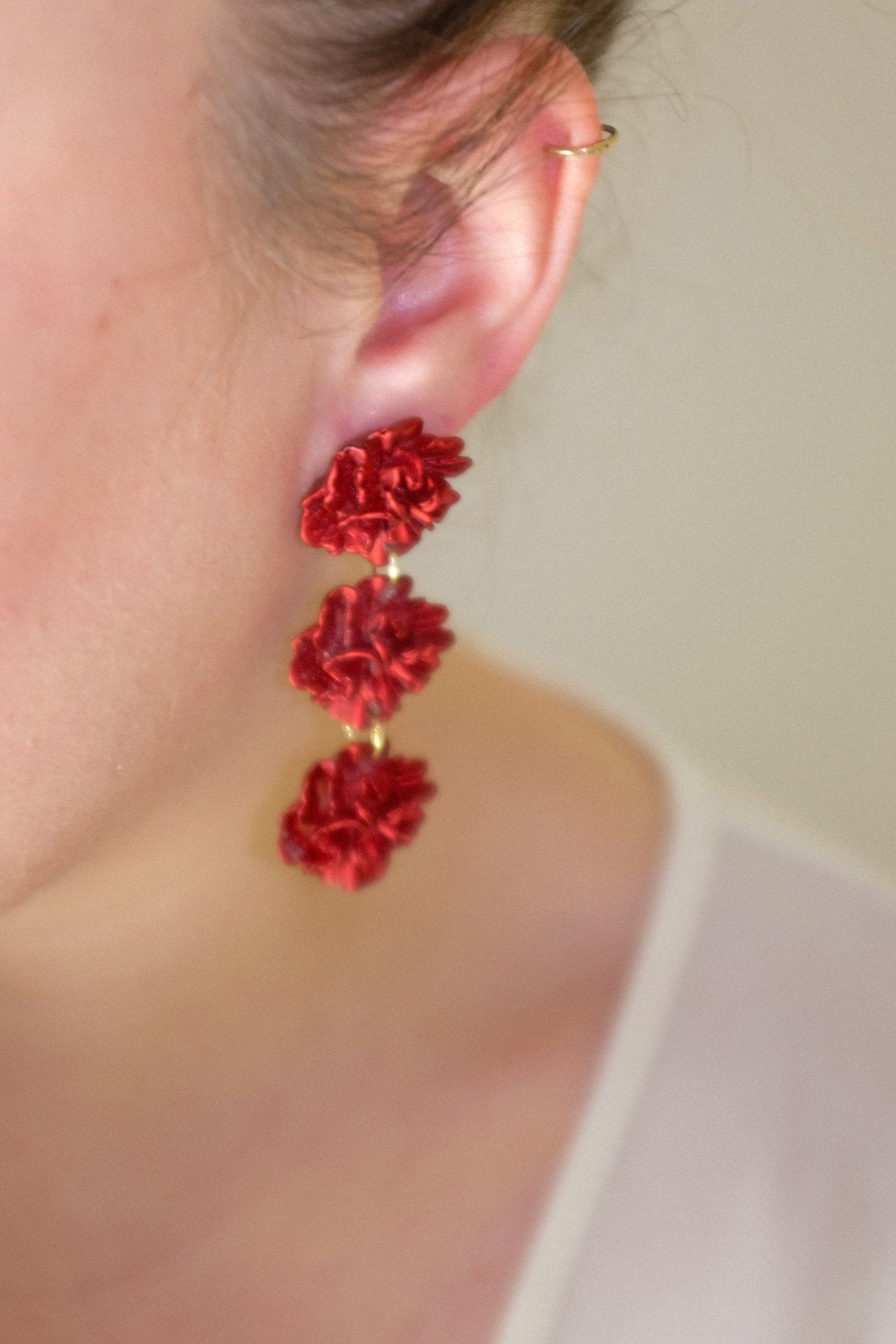 Deep Red Peony Trio Floral Statement Drop Earrings - blóma!blóma!Earrings