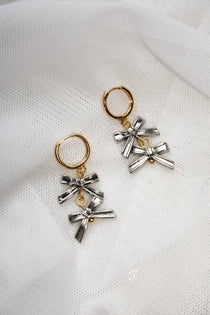 Double Bow Mini Hoops in 18k gold-plated brass with platinum bow charms – Blóma jewellery UK