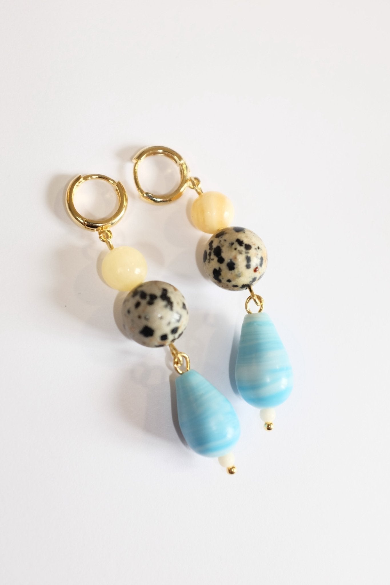 Sample Sale - 20 - Dalmatian, yellow and blue bead earrings - blóma!blóma!Sample