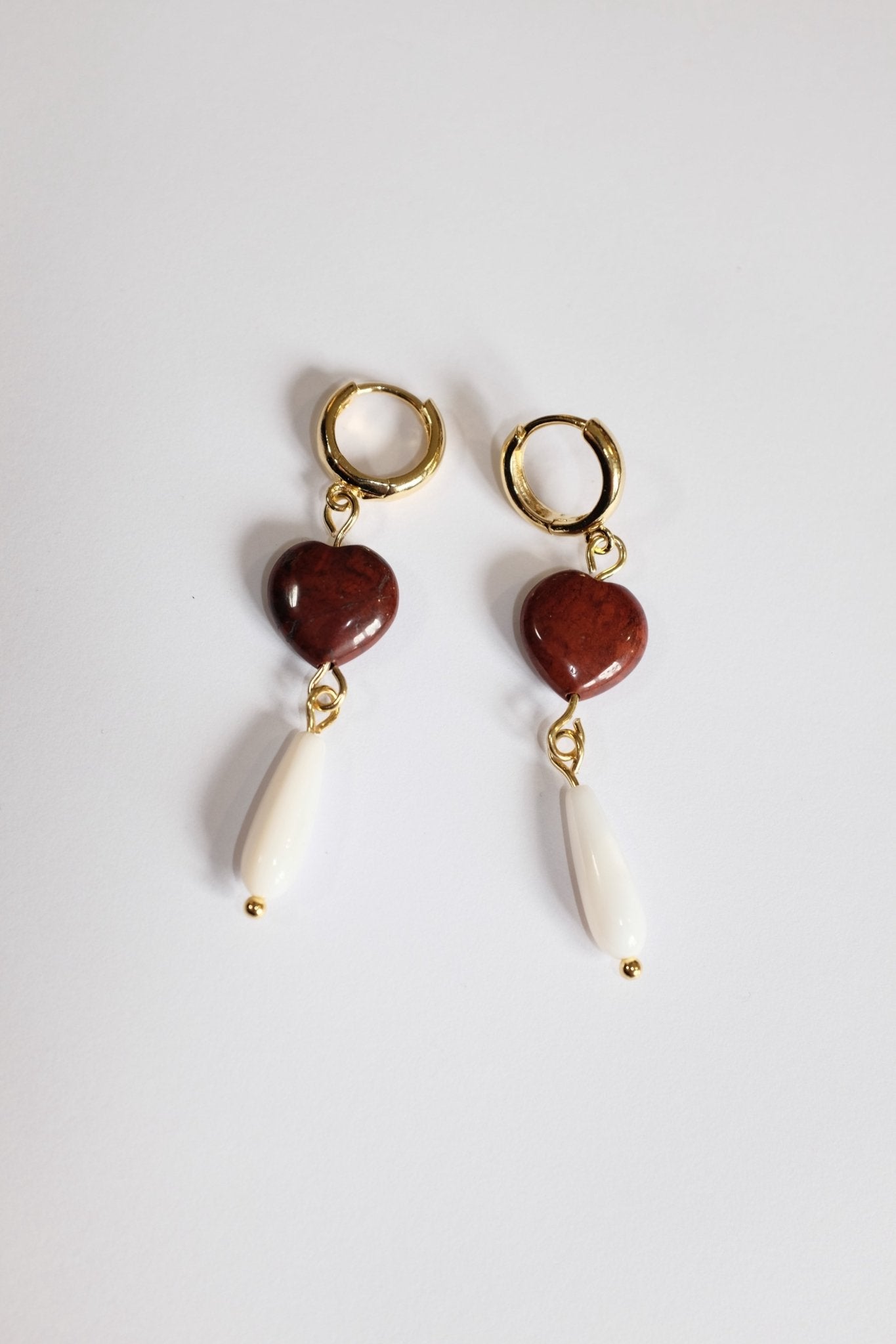 Sample Sale - 22 - deep red gem heart with shell teardrop hoops - blóma!blóma!Sample